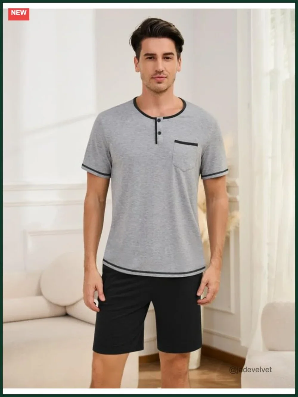 Men's Cotton Pajama Set Short Sleeve Henley Pjs Summer Sleepwear with Pockets